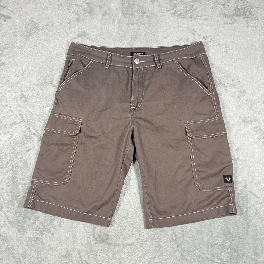True Religion Mens 36 Cargo Shorts Brown Contrast Stitch Horseshoe Relaxed Fit